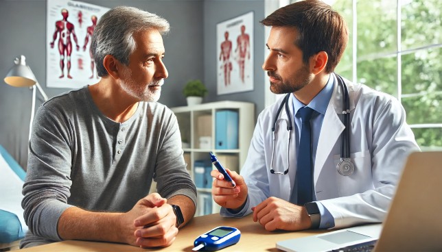 Primary care physician discussing diabetes treatment options with a patient, including blood sugar monitoring and lifestyle changes.
