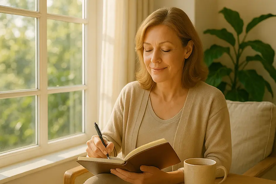 A woman in her late 40s or early 50s sits near a sunlit window with a journal and a cup of tea, reflecting quietly. The setting is calm and warm, capturing a moment of self-care during a transitional phase of life